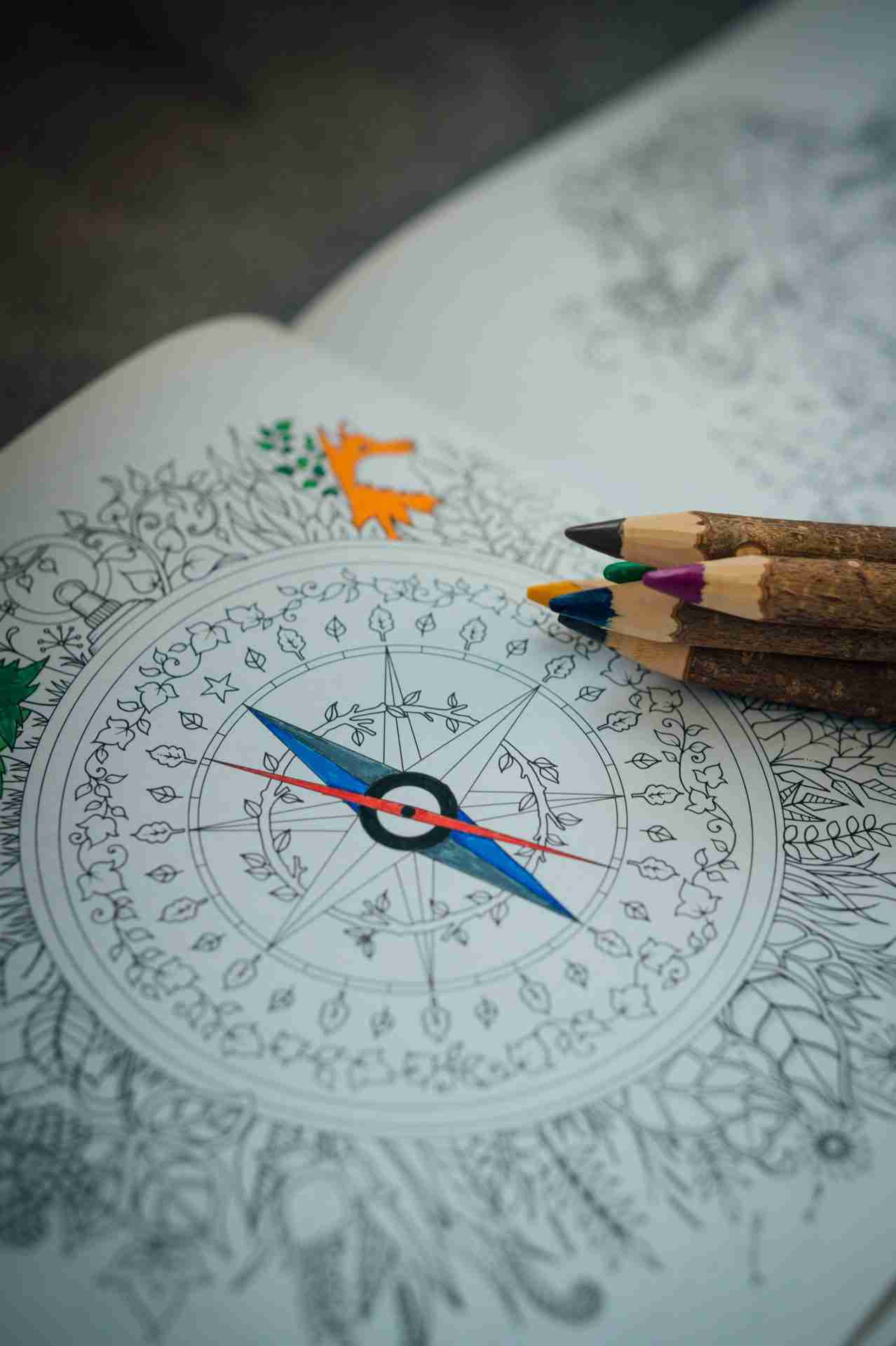 A hand-illustrated compass design in a coloring book, surrounded by colored pencils, symbolizing personal exploration of type and identity